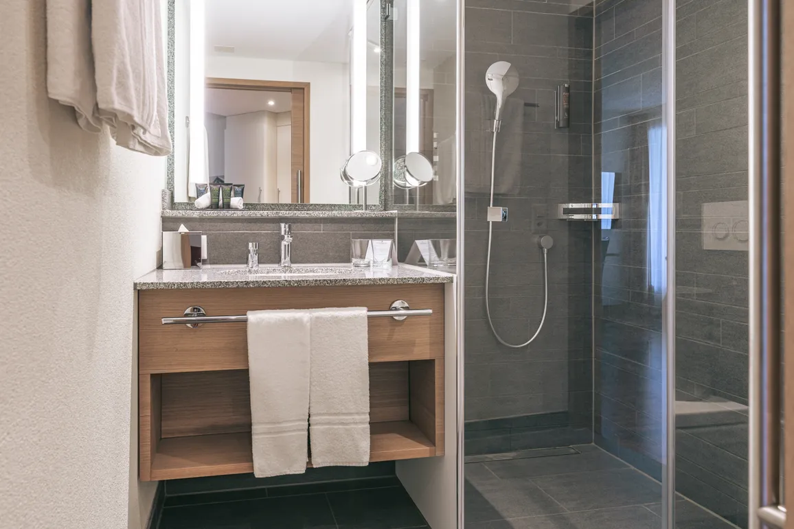 Doppelzimmer Standard ohne Balkon Badezimmer Swiss Holiday Park